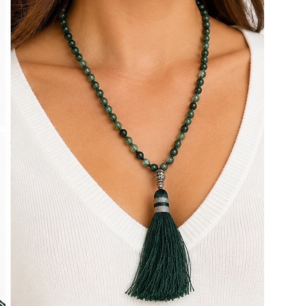 Green Jade Colored Mala Prayer Beads Hand Knotted Tassel Necklace Bohemian Zen